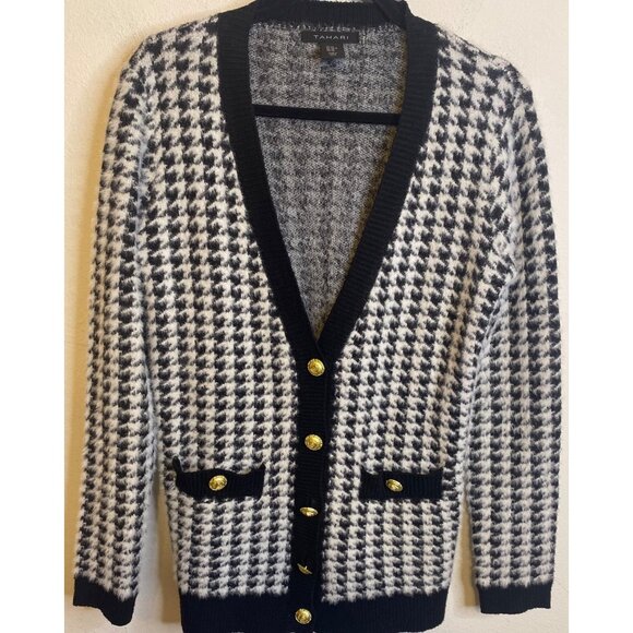 Tahari Women Sweater Houndstooth Fuzzy Gold Button Front Cardigan Black White XS - Picture 1 of 3